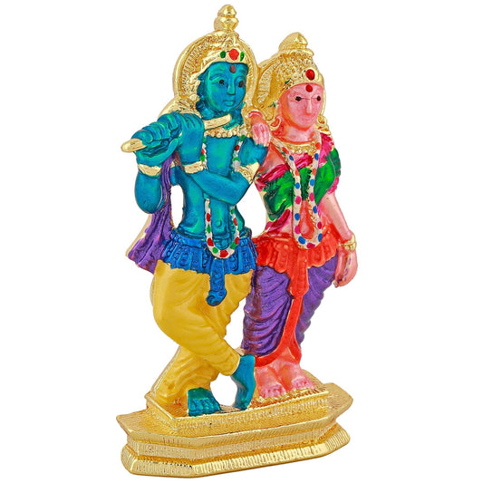 Estele Gold-Polished Devotional Shree Radha Krishna Idol with Multi Color Stone Type:Enamel for Home/Car Decor - Swadesiicart