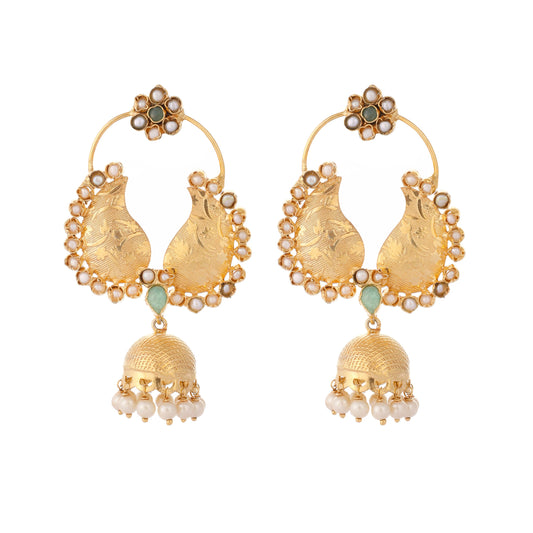 Nuyug 22K Gold Plated Pearls Studded Contemporary Shaped Mini Jhumki Drop Dangler Earrings | Swadesiicart