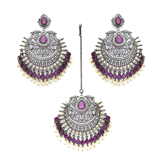 Diamond & Maroon Stone Earrings with Matching Maang Tikka- Ruby Raang | Swadesiicart