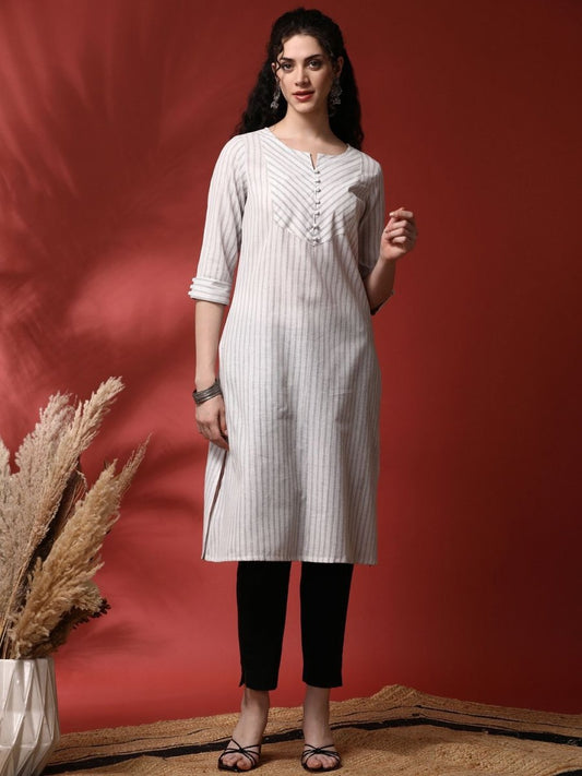 Anouk Striped Notch Neck Pure Cotton Straight Kurta - Swadesiicart