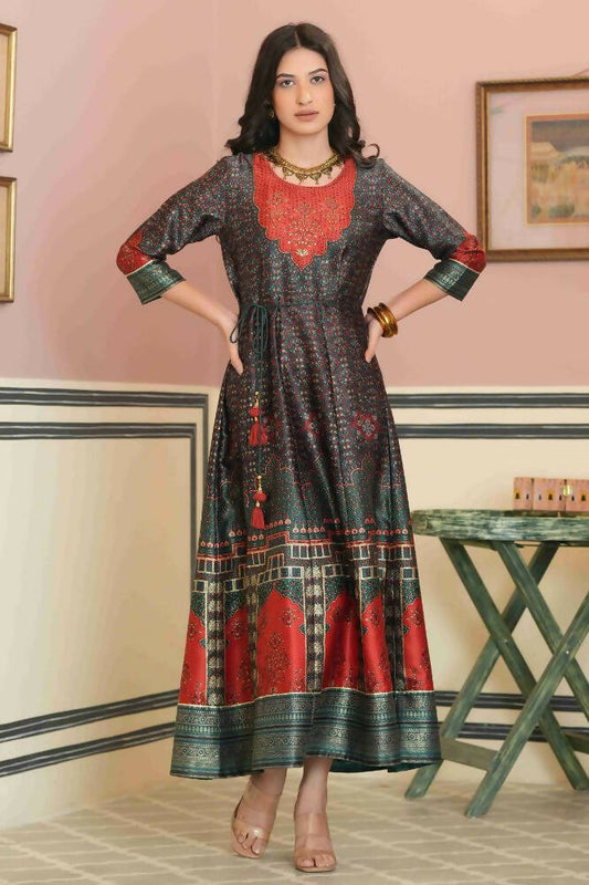 Juniper Green Satin Festive Printed Anarkali Flared Anarkali Kurta For Women | Swadesiicart