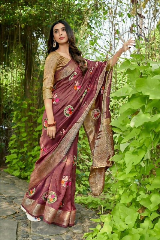 Vamsee Nikita Wine Cotton Saree - Swadesiicart