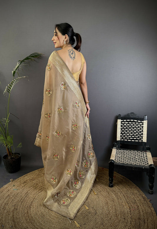 Joban Fashion Mud Brown Handloom Banarasi Organza Silk Khatali Butta Work Saree | Swadesiicart