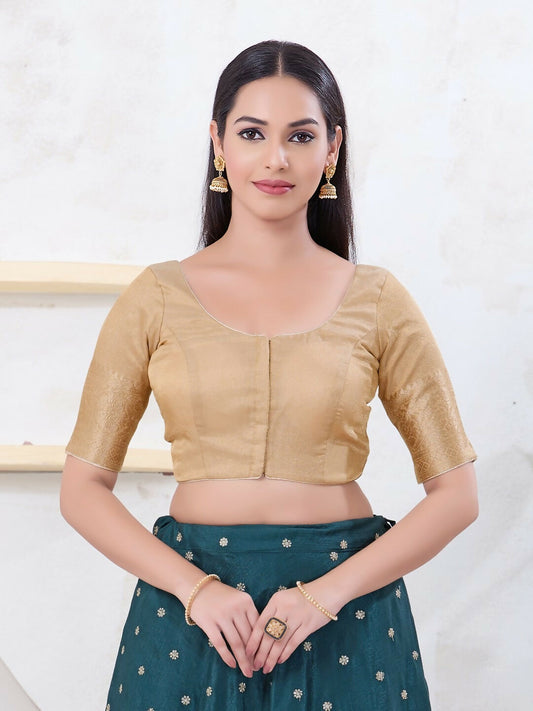 Joban Fashion Light-Gold Brocade Elbow Sleeveless Front Open Blouse - Swadesiicart