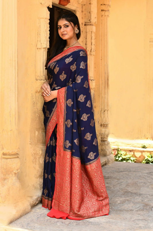 Joban Fashion Navy Blue Crepe Chiffon Pure Handloom Banarasi Silk Saree | Swadesiicart