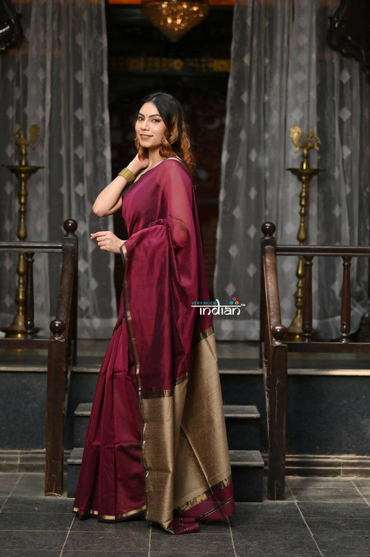Very Much Indian VMI Exclusive Designer! Handloom Cotton Silk Saree With Sleek Golden Border - Maroon Shade | Swadesiicart
