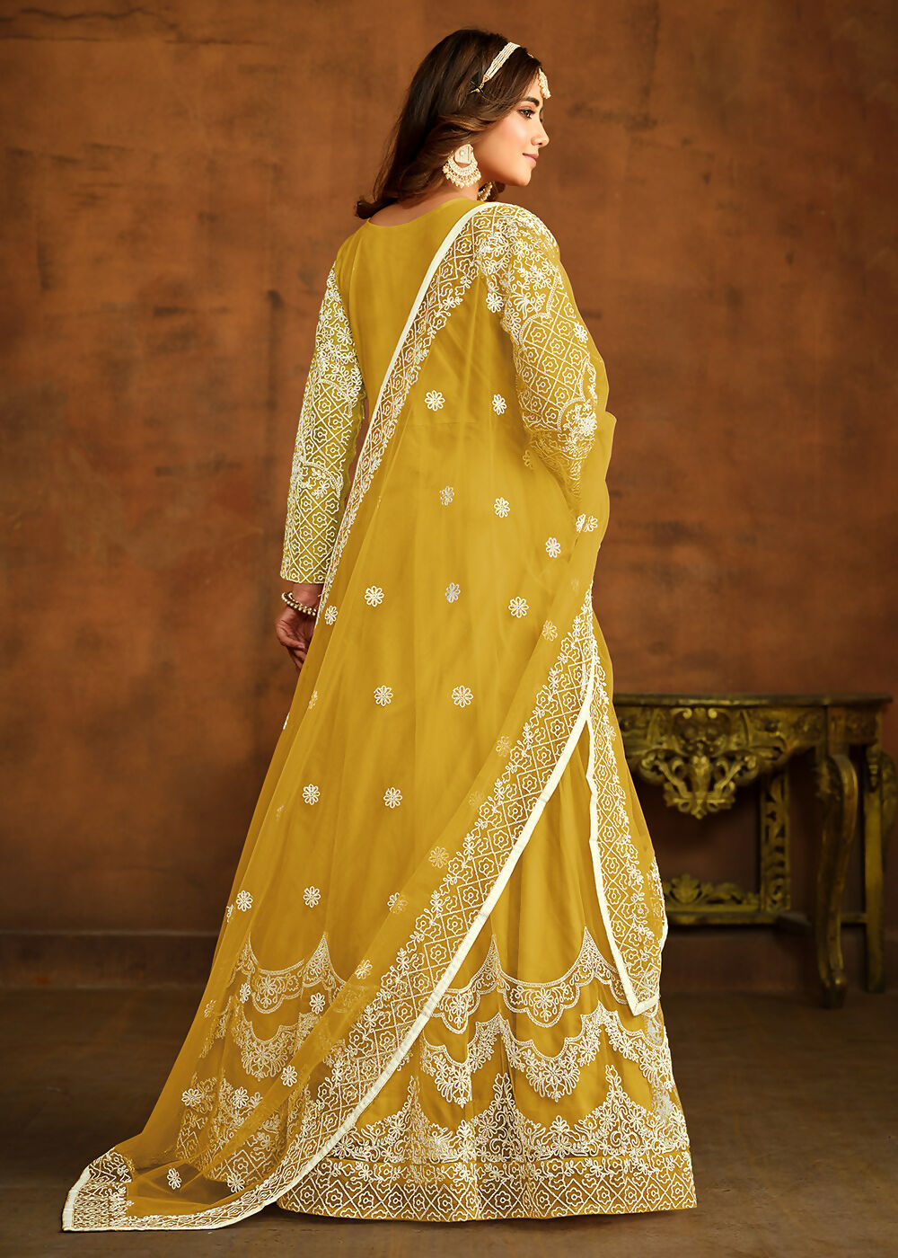 Yellow All Over Embroidered Net Wedding Anarkali Suit - Emponline | Swadesiicart