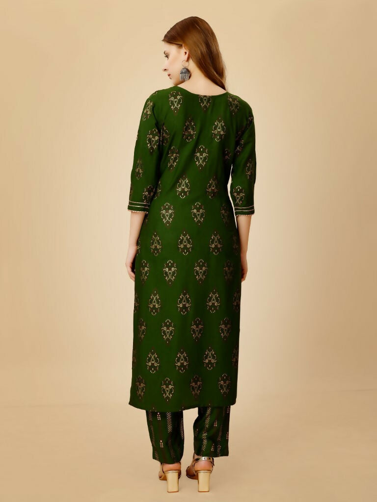 Jyoti Fashion Women's Green Viscose Rayon Embroidered Kurta Pant Set