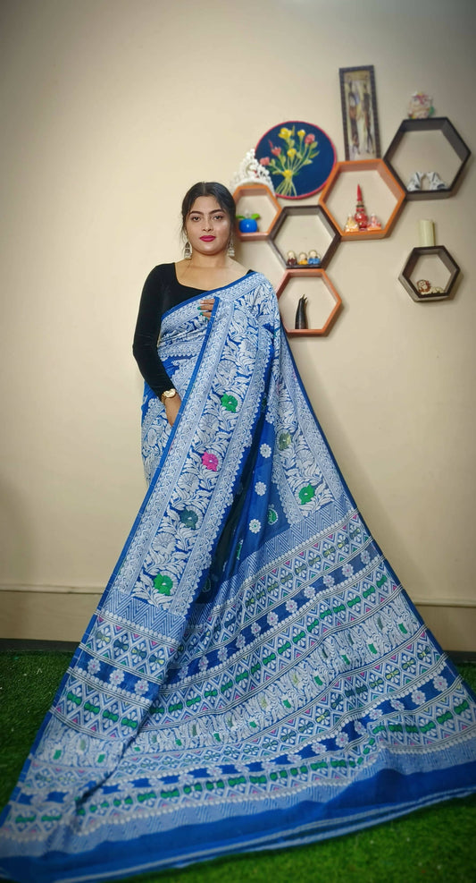 Exclusive Collection Handloom Dhakai Jamdani Saree - Steel Blue - Swadesiicart