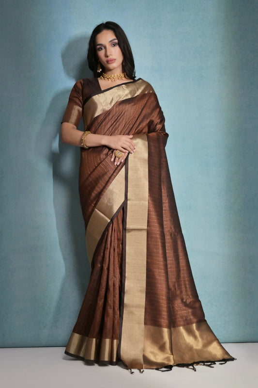 Vishnu Weaves Women's Coffee Raw Silk Zari Woven Saree with Blouse - Swadesiicart