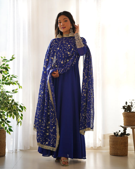 Lorenvalley Fashion Women Georgette Anarkali Gown Duppta Full Set With Pent Ready To Wear - Blue | Swadesiicart