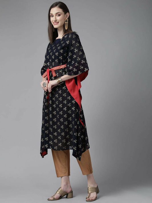 Ahalyaa Women Navy Blue Georgette Gold Printed Kaftan Kurta | Swadesiicart
