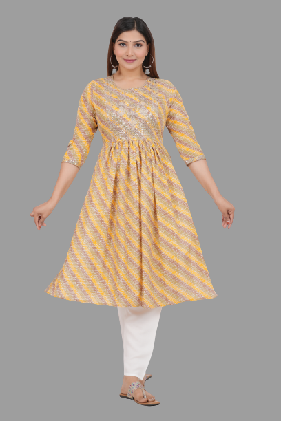 House of RP Women's Yellow Cotton Laheriya Print Embroidered Flared Kurta | Swadesiicart