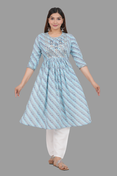 House of RP Women's SkyBlue Cotton Laheriya Print Embroidered Flared Kurta | Swadesiicart