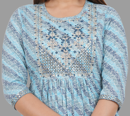 House of RP Women's SkyBlue Cotton Laheriya Print Embroidered Flared Kurta | Swadesiicart
