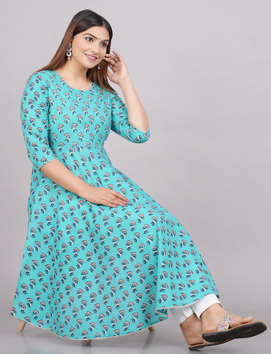 House of RP Women Turquoise Cotton Floral Print Anarkali Kurta | Swadesiicart
