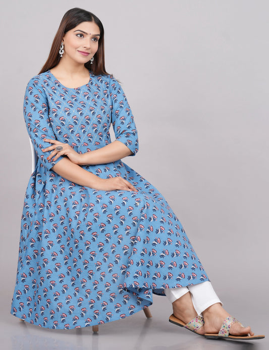 House of RP Women Aqua Blue Cotton Floral Print Anarkali Kurta | Swadesiicart