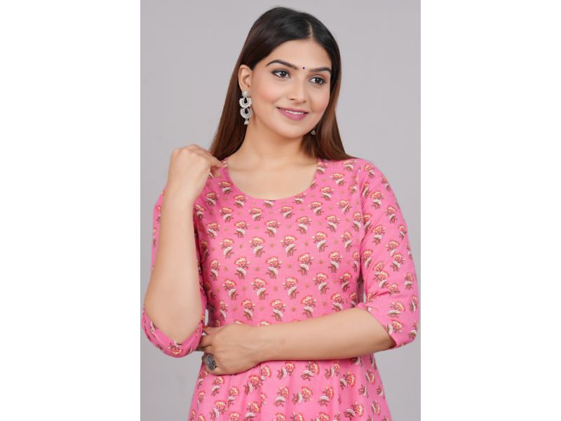 House of RP Women Pink Cotton Floral Print Anarkali Kurta | Swadesiicart
