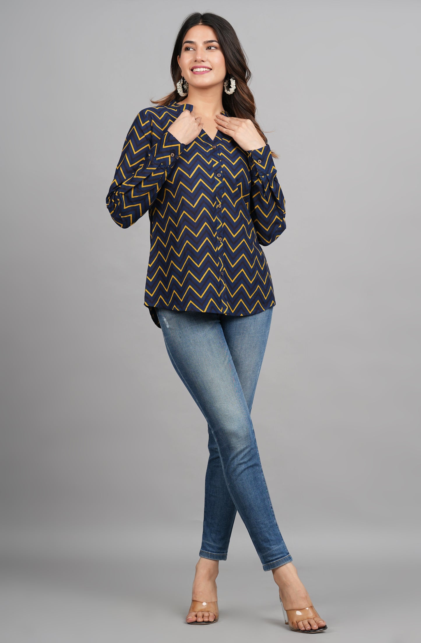 House of RP Women Cotton Dark Blue Print Casual Shirt | Swadesiicart