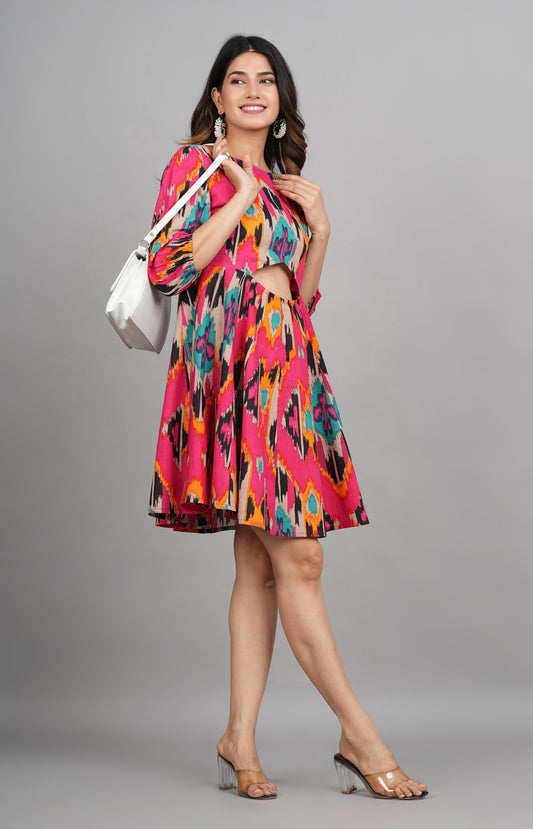 House of RP Women Cotton Pink Fit and Flare Short Dress - Swadesiicart