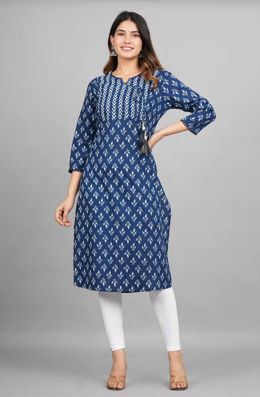 House of RP Women Cotton Blue Floral Print Straight Kurta | Swadesiicart