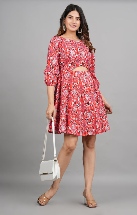 House of RP Women Cotton Red Fit and Flare Short Dress - Swadesiicart