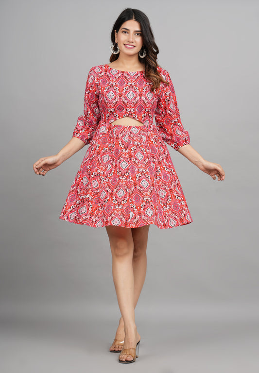 House of RP Women Cotton Red Fit and Flare Short Dress - Swadesiicart