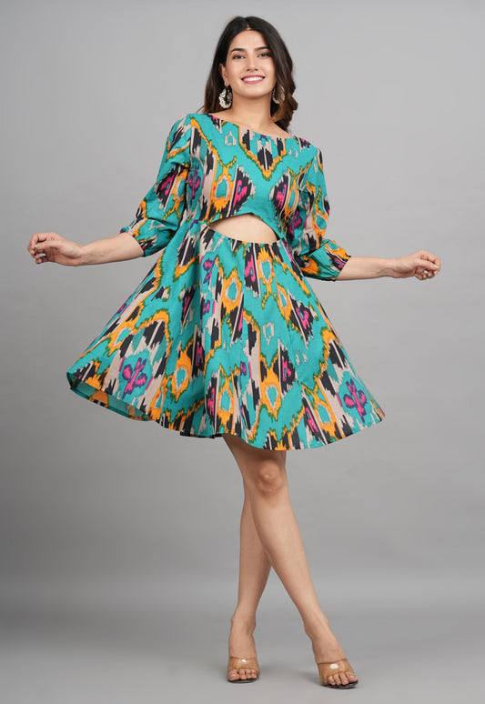 House of RP Women Cotton Green Fit and Flare Short Dress - Swadesiicart