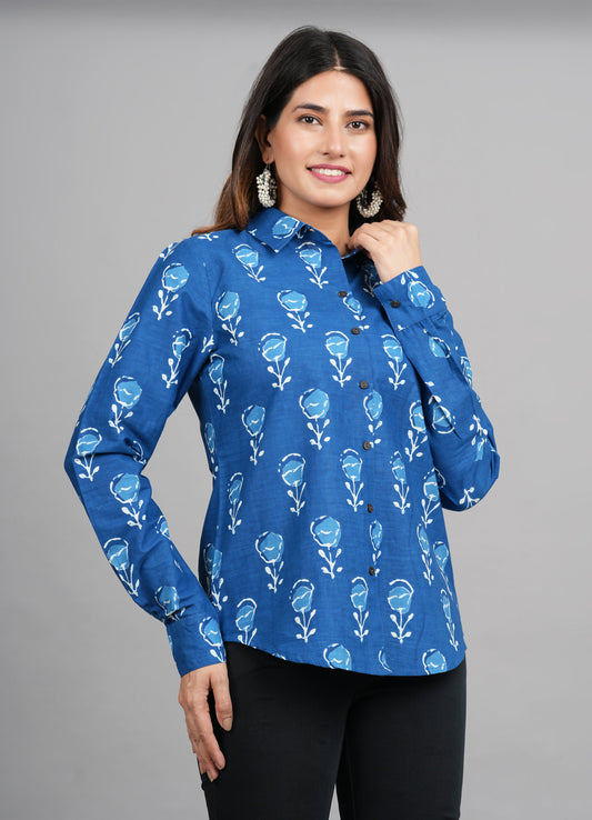 House of RP Women Light Blue Cotton Floral Print Casual Shirt | Swadesiicart