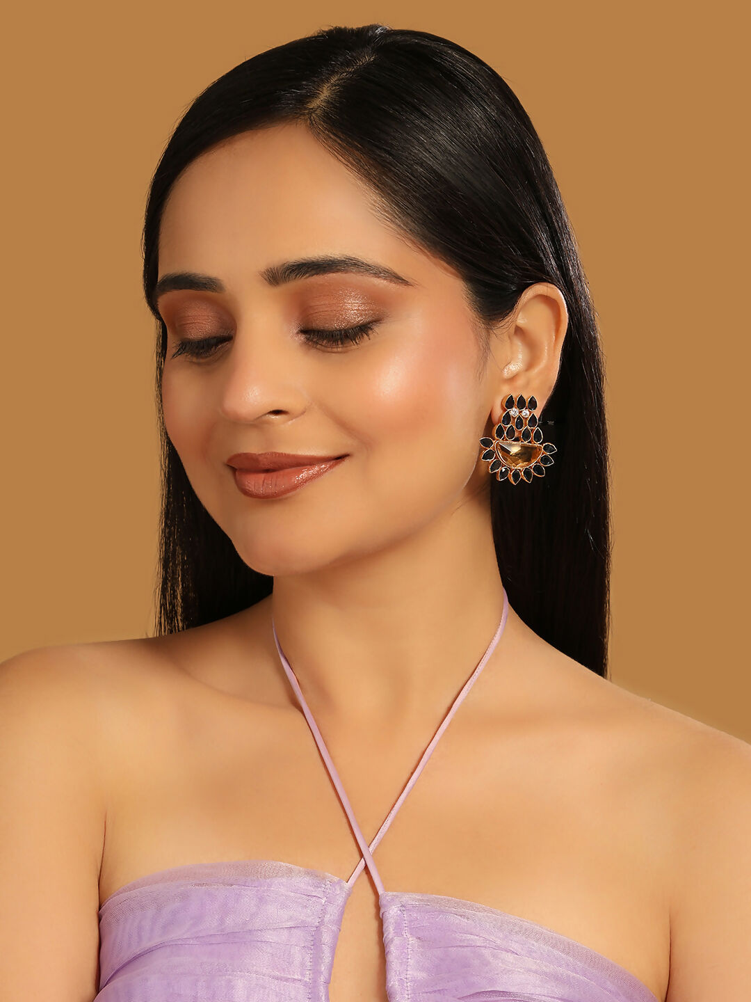 Nuyug 22K Gold Plated Crystal Studded Contemporary Floral Shaped Stud Earrings | Swadesiicart