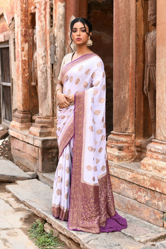 Joban Fashion Light Purple Crepe Chiffon Pure Handloom Banarasi Silk Saree | Swadesiicart