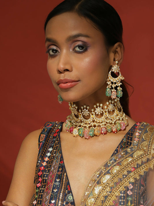 Maharani Kundan Choker with Multi Stones and Earrings- Ruby Raang | Swadesiicart