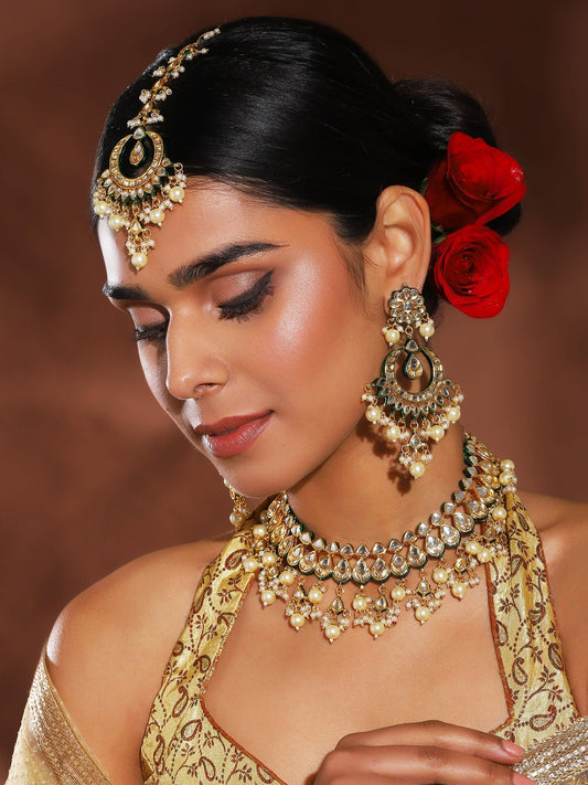 Gold-Polished Green Kundan-Studded Pearl Beaded Jewellery Set - Ruby Raang - Ruby Raang Studio