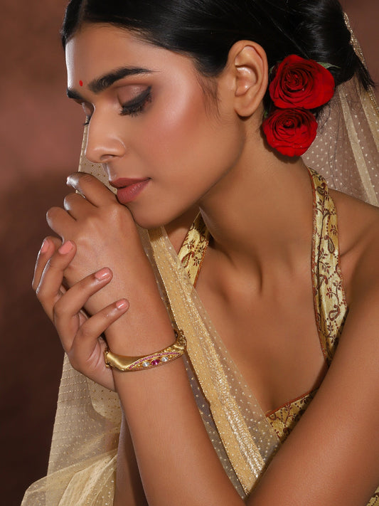 Women's Gold-Toned Pink Brass Kundan Handcrafted Gold-Polished Kada Bracelet - Ruby Raang - Ruby Raang Studio