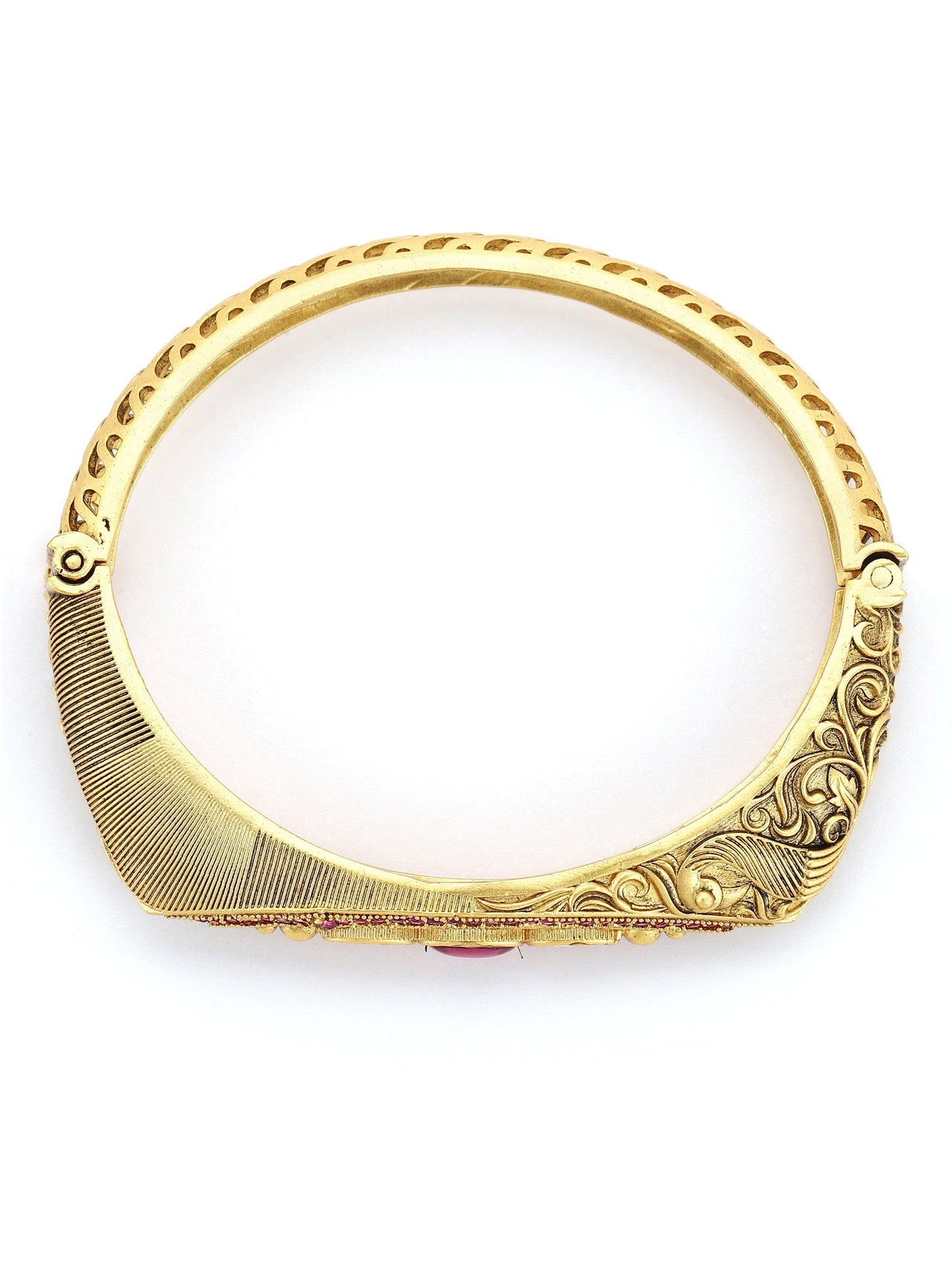 Women's Gold-Toned Pink Brass Kundan Handcrafted Gold-Polished Kada Bracelet - Ruby Raang - Swadesiicart