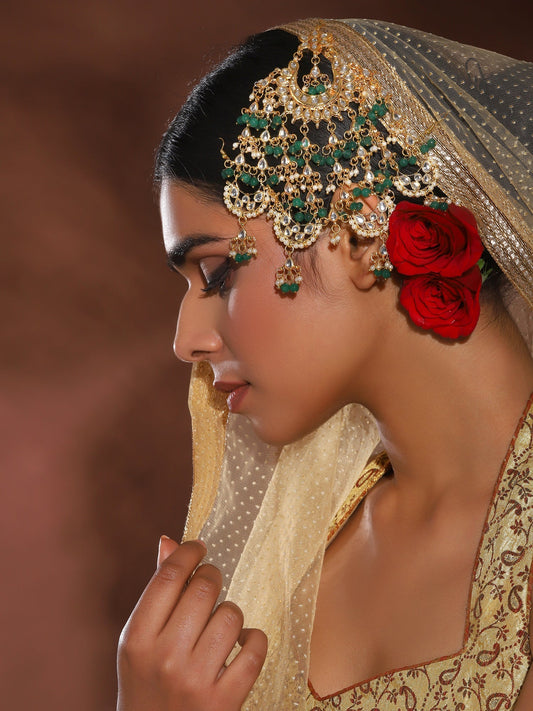 Gold-Polished White Green Kundan-Studded Beaded Jhoomar Passa - Ruby Raang | Swadesiicart