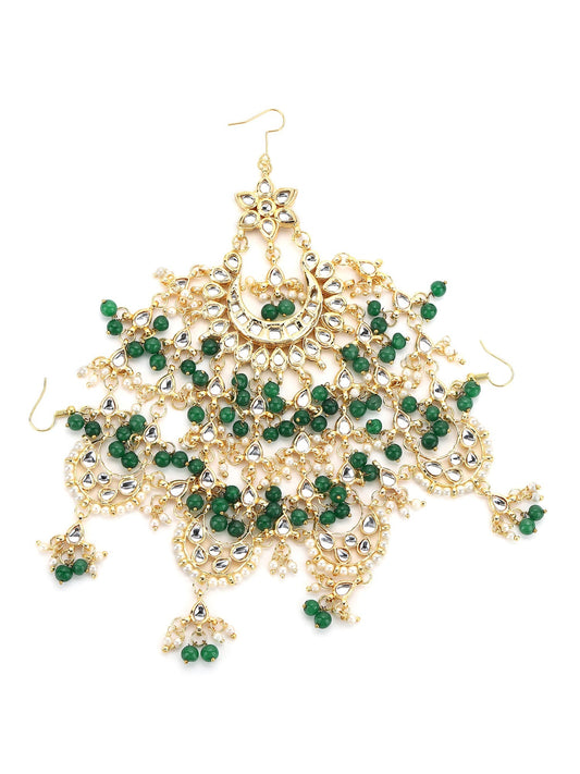 Gold-Polished White Green Kundan-Studded Beaded Jhoomar Passa - Ruby Raang | Swadesiicart