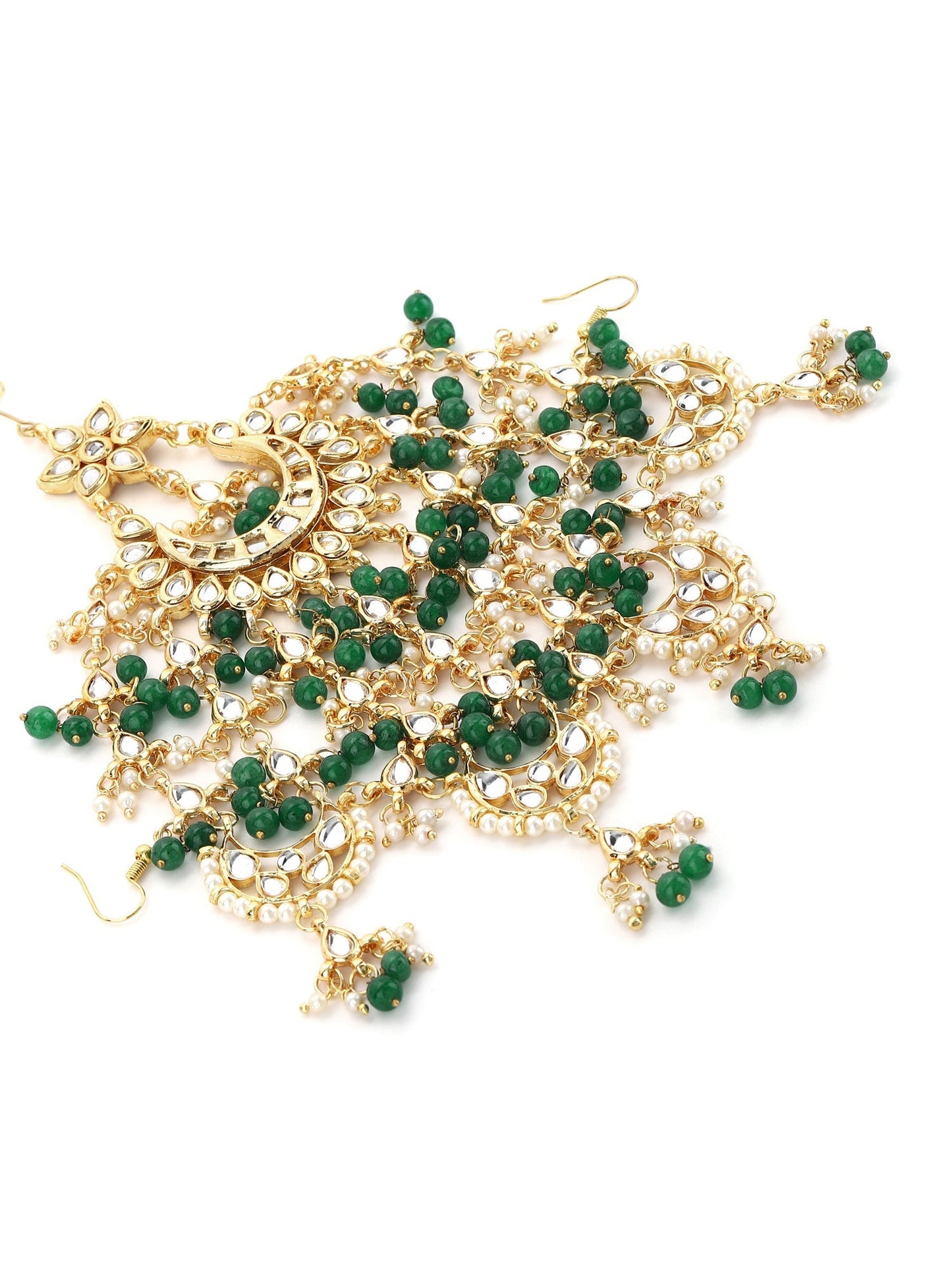 Gold-Polished White Green Kundan-Studded Beaded Jhoomar Passa - Ruby Raang | Swadesiicart