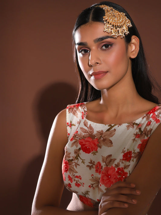 Women's Gold-Polished White Red Kundan-Studded Beaded Jhumar Passa - Ruby Raang | Swadesiicart