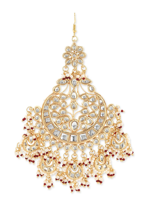 Women's Gold-Polished White Red Kundan-Studded Beaded Jhumar Passa - Ruby Raang | Swadesiicart