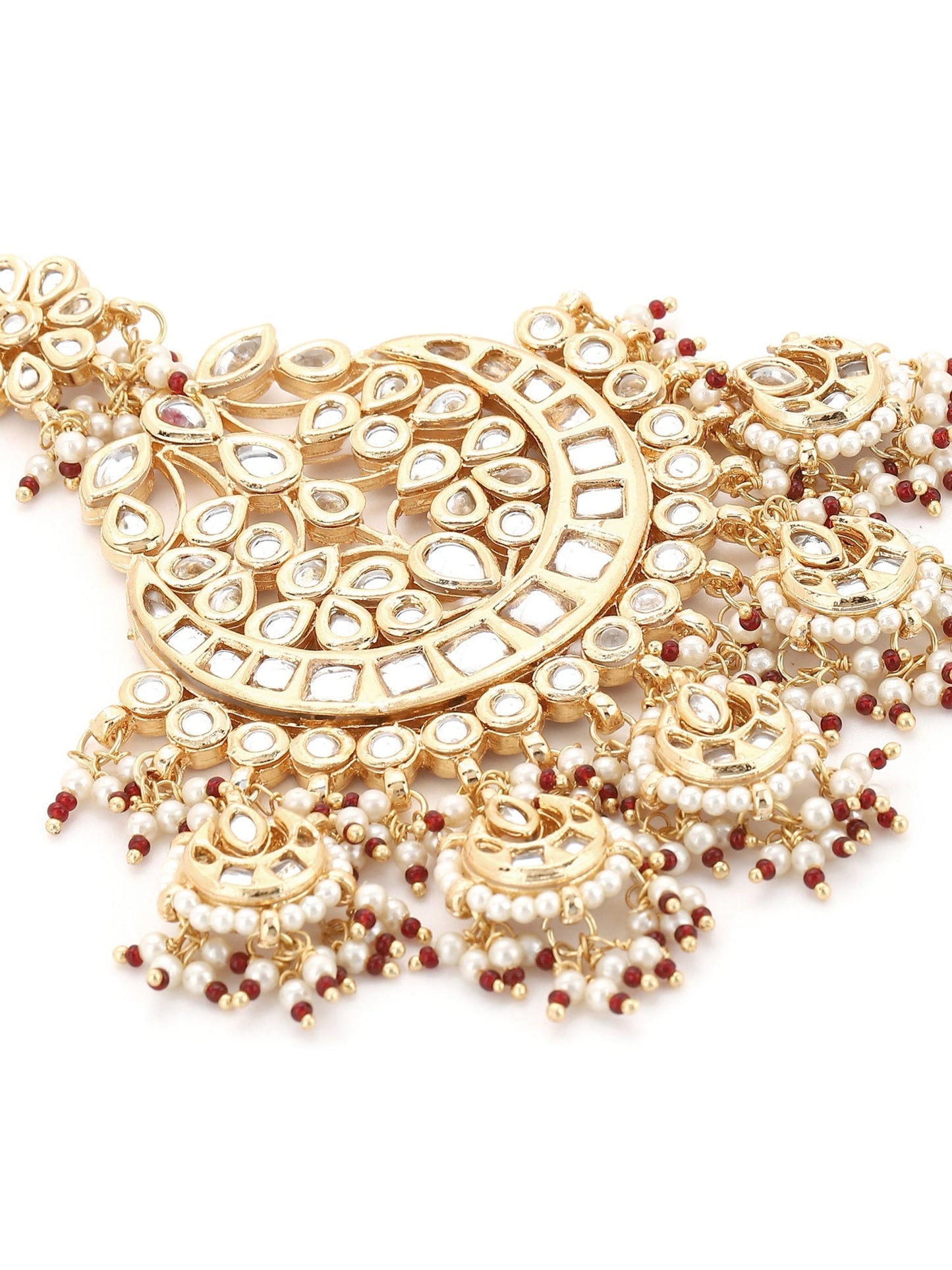 Women's Gold-Polished White Red Kundan-Studded Beaded Jhumar Passa - Ruby Raang | Swadesiicart