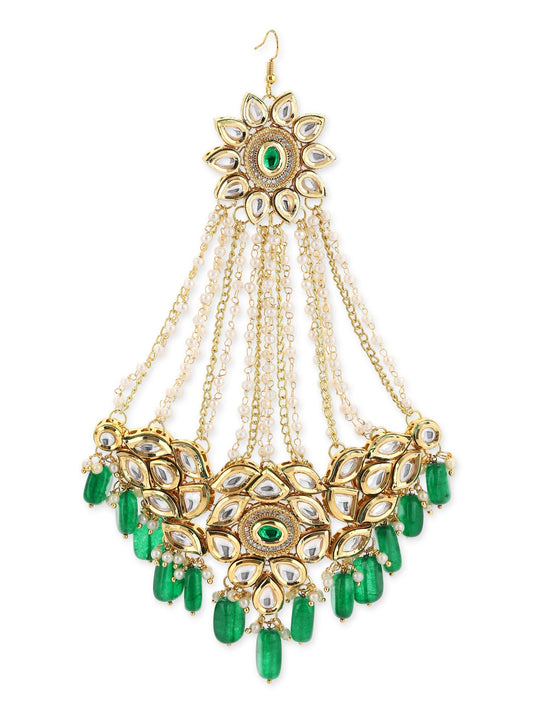 Gold-Polished Green White Kundan Studded Jhoomar Passa - Ruby Raang | Swadesiicart