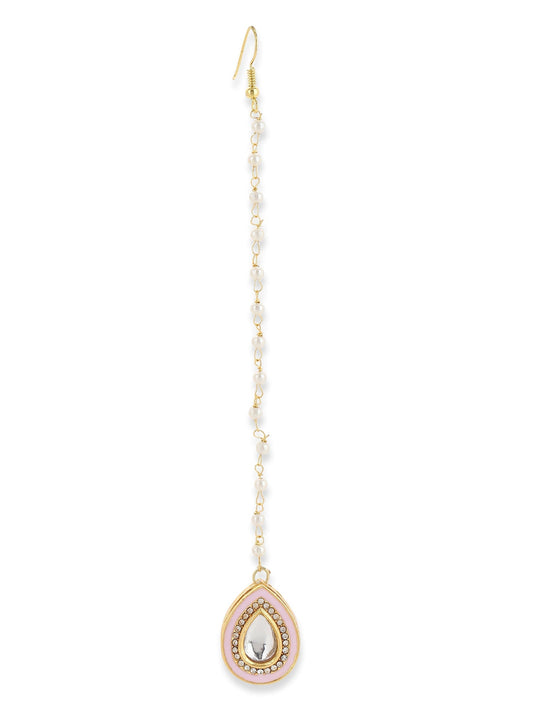 Gold-Polished Pink Kundan Studded Maang Tikka - Ruby Raang | Swadesiicart