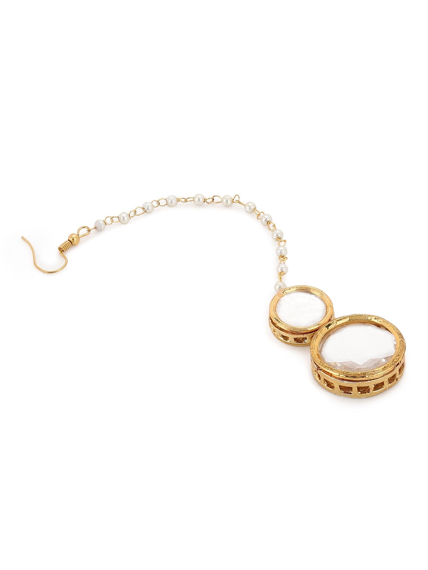 Gold-Polished White Kundan Studded Beaded Maang Tikka - Ruby Raang | Swadesiicart