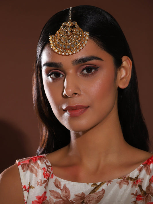 Gold-Polished White Kundan-Studded Maang Tikka - Ruby Raang | Swadesiicart
