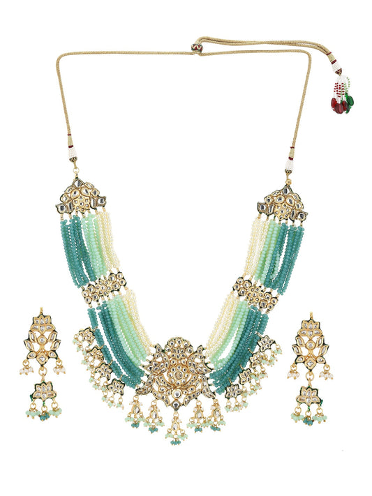 Gold-Polished Blue White Kundan Studded Beaded Jewellery Set - Ruby Raang - Swadesiicart