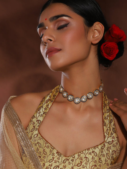 Gold-Toned Green Brass Rhodium-Plated Kundan Necklace - Ruby Raang | Swadesiicart