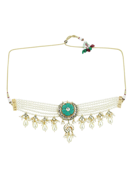 White Blue Brass Gold-Polished Necklace - Ruby Raang | Swadesiicart