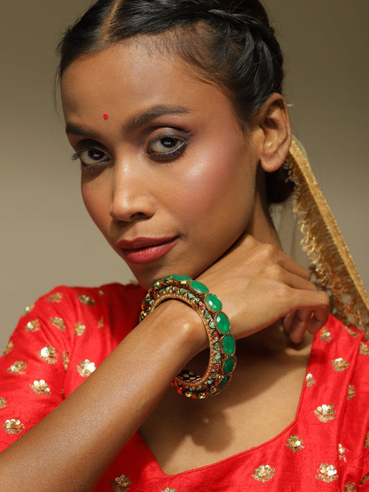 Gold Plated Kundan Meenakari Bangle - Ruby Raang - Distacart