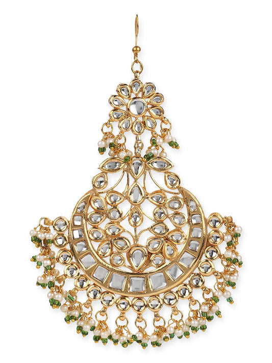 Gold-Polished Kundan Studded Maang Tikka Jhoomar - Ruby Raang | Swadesiicart
